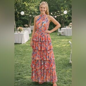 NWT Avara Tiered Ruffle Midi Dress Coral Sz S Bright Abstract Print Halter Style